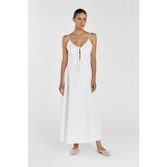 DISSH Mimi White Linen Midi Dress Tie Front Minimalist Bridal Summer Natural - Picture 1 of 5